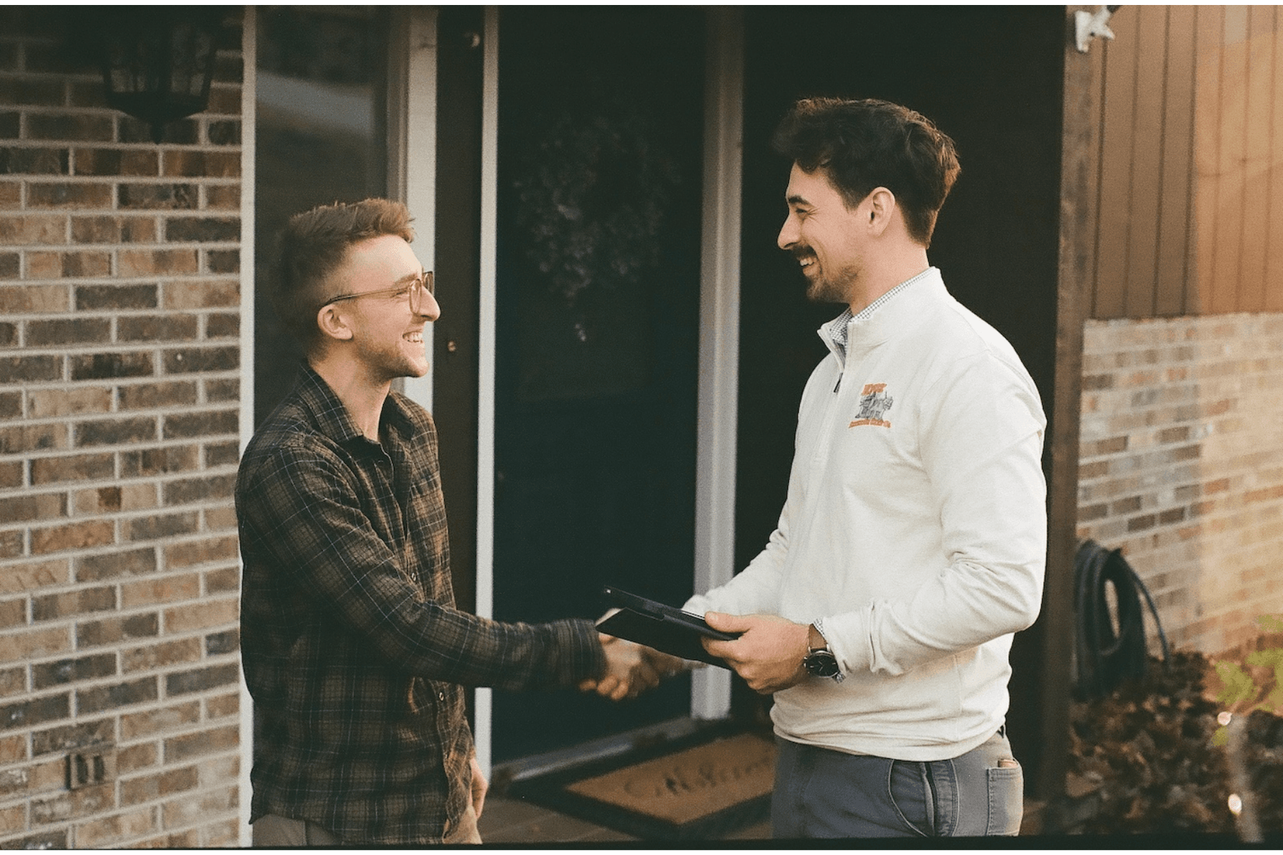 Nicholas Dunn shaking hands with a Knox Exterior Care Company client